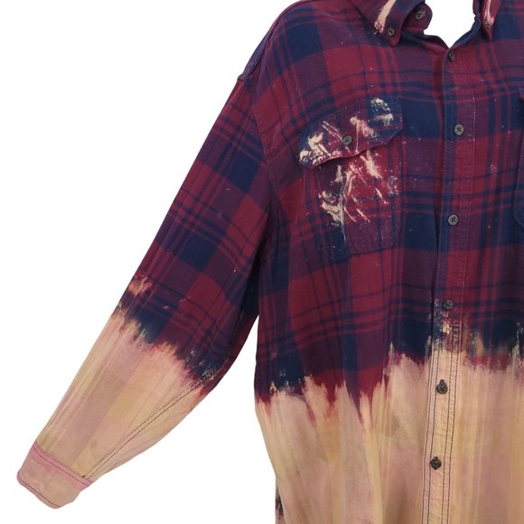 The Rack Brushed Cotton Tie Dye Bleach Button Front Shirt Top Sz XL Plaid - Picture 5 of 12